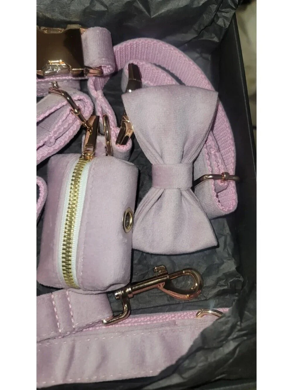 LUXURY LAVENDER VELVET PET HARNESS LEASH COLLAR BOWTIE POOP BAG HOLDER SET XS/S
